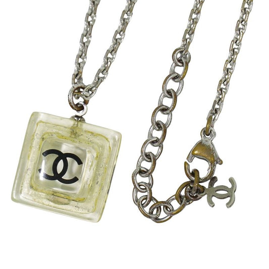 Authentic Chanel Coco Mark Necklace Pendant Plastic Metal Silver Hardware Clear