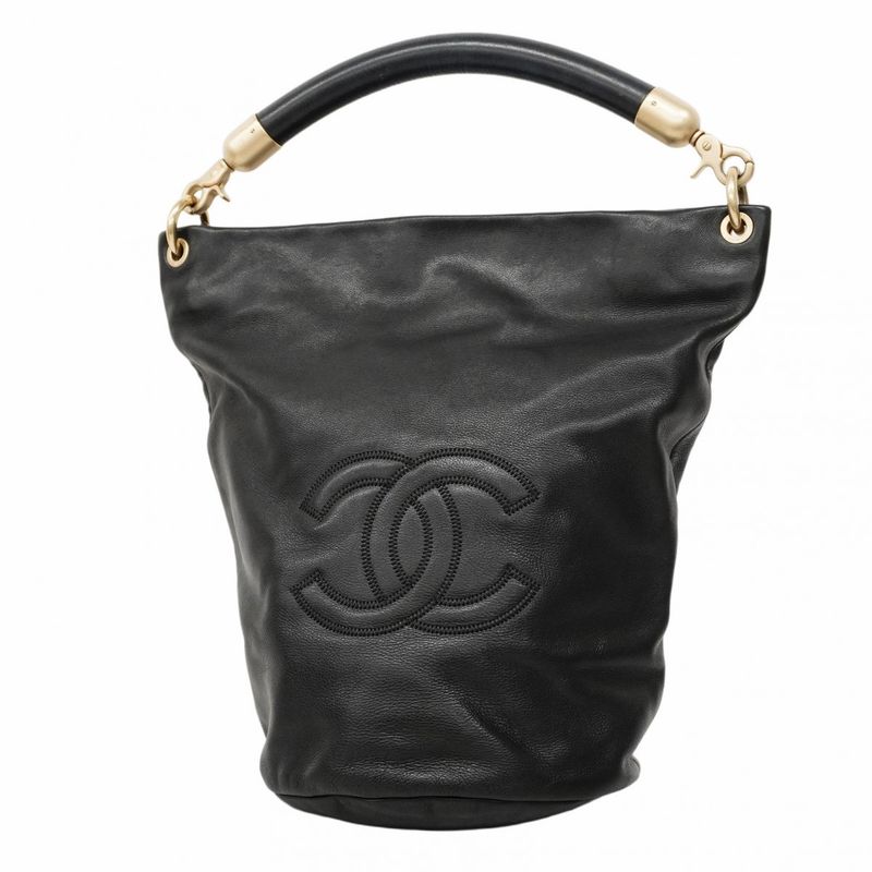 Chanel Shoulder Bag Leather Black Gold Hardware Women