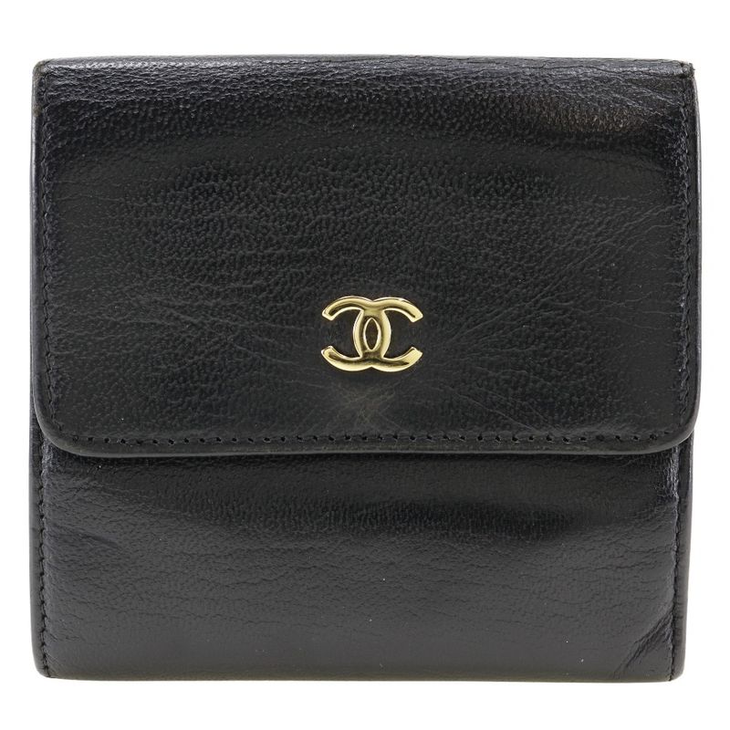 Chanel Coco Mark W Hook A13456 Calf Black Ladies Bifold Wallet