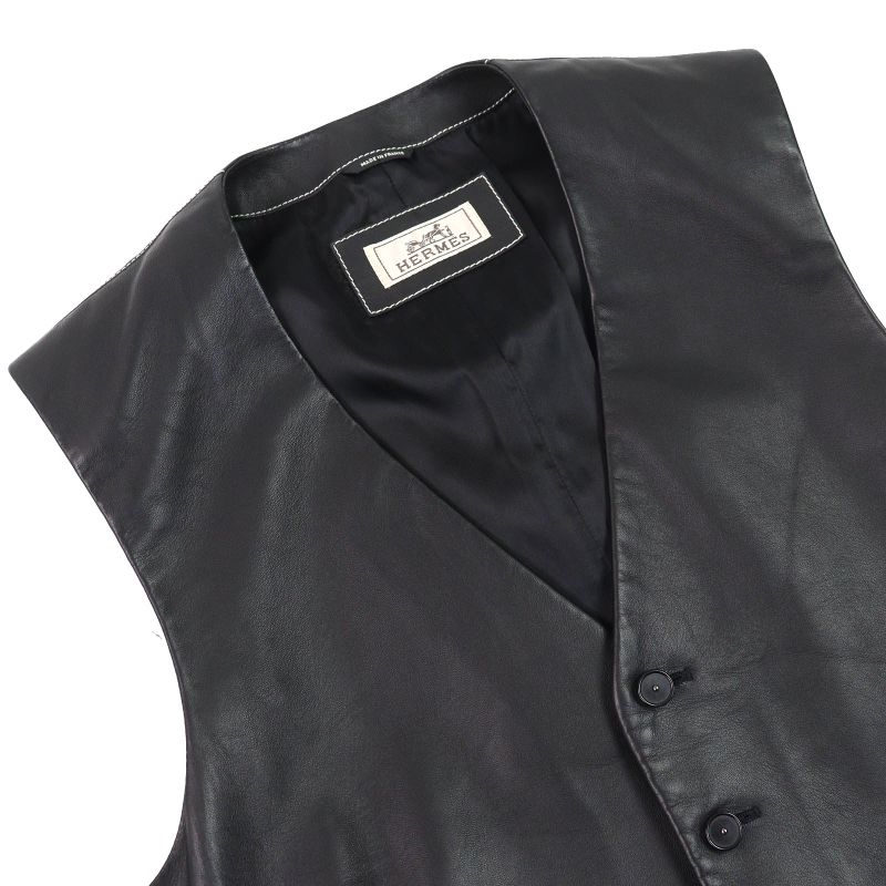 Hermes 18AW H843030ha0250 Lambskin Leather Gilet Vest Black 50 Hanger Made In