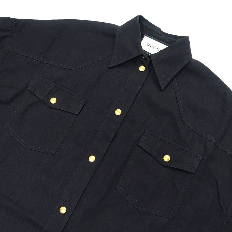 Gucci Long Sleeve Shirt Gold Logo 40 595268 BK Gold Button Back Print