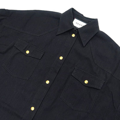Gucci Long Sleeve Shirt Gold Logo 40 595268 BK Gold Button Back Print