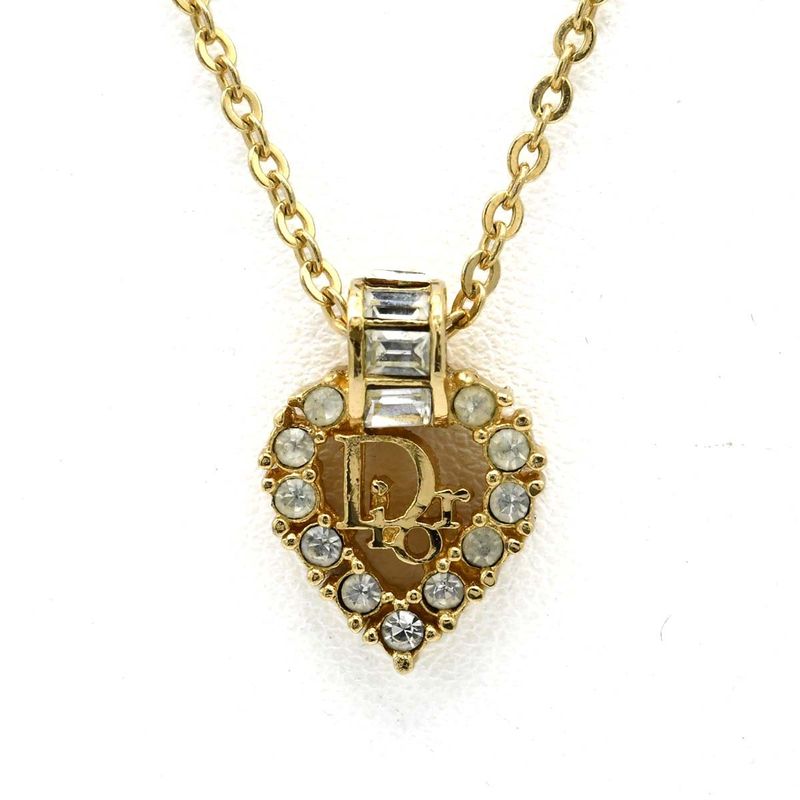 Christian DIOR Necklace Heart Rhinestone Bijoux Logo Gold Color Accessories