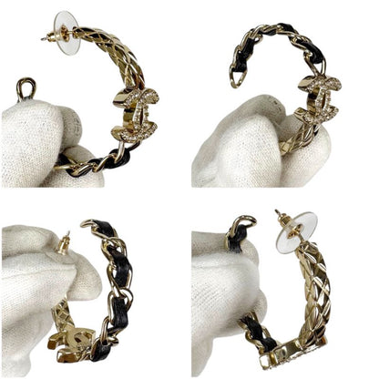 Chanel Hoop Earrings Rhinestone Materasse Coco Chain Leather Lambskin Black