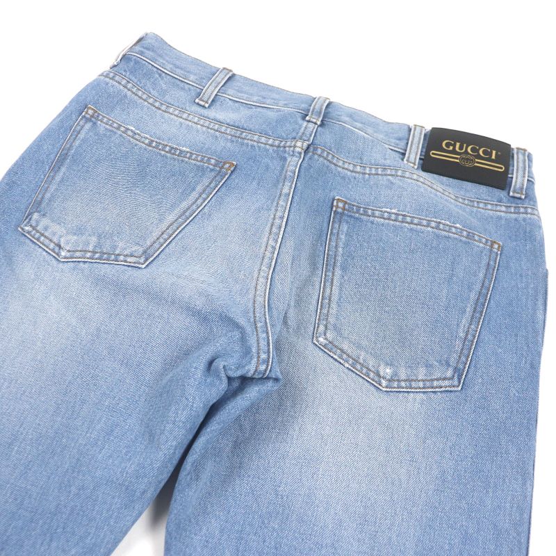 Gucci 408637 Leather Logo Patch Button Fly Denim Pants Jeans Indigo Blue 33