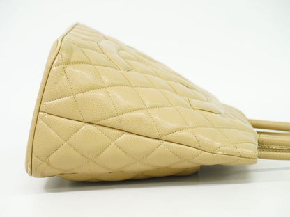Authentic Chanel Coco Mark Revival Tote Handbag Caviar Skin Leather Beige Coco