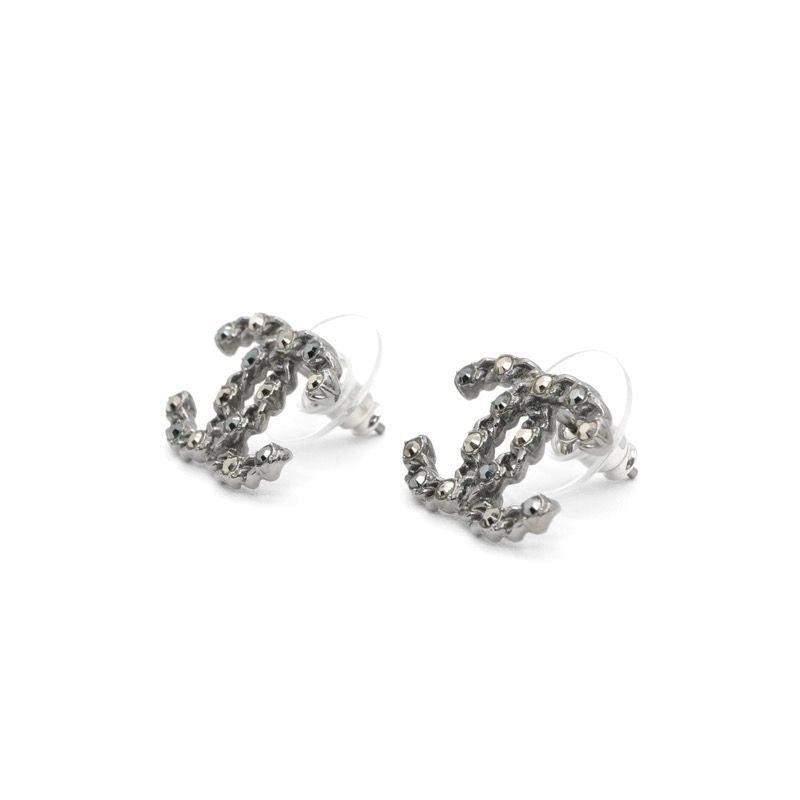 Chanel Earrings Earring Silver Black Coco Mark Rhinestone