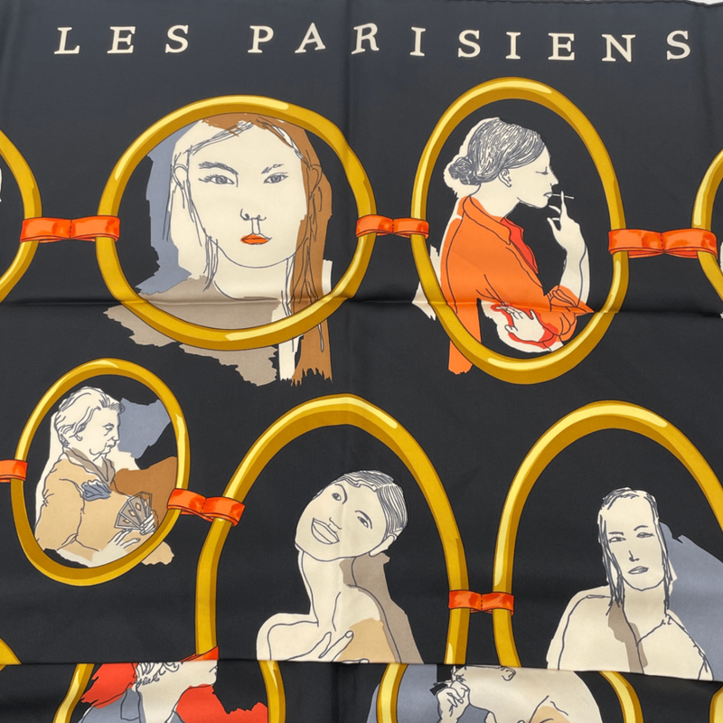 Hermes Carre 90 Scarf Silk LES Parisiens Black And Gold