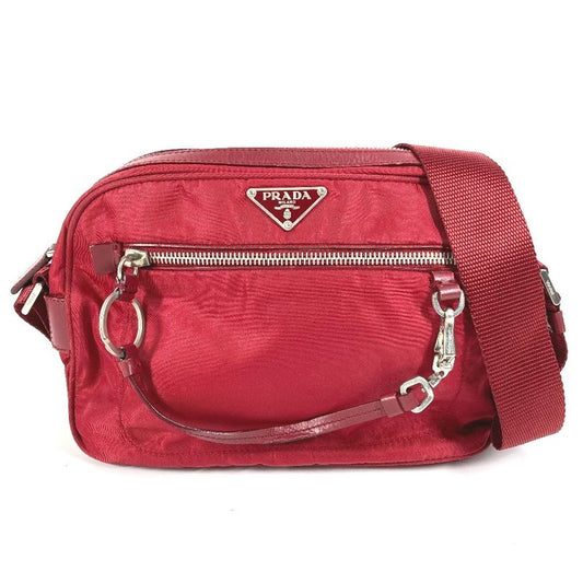 Prada Shoulder Bag Triangle Logo Triangle Logo Plate Leather / Nylon Red