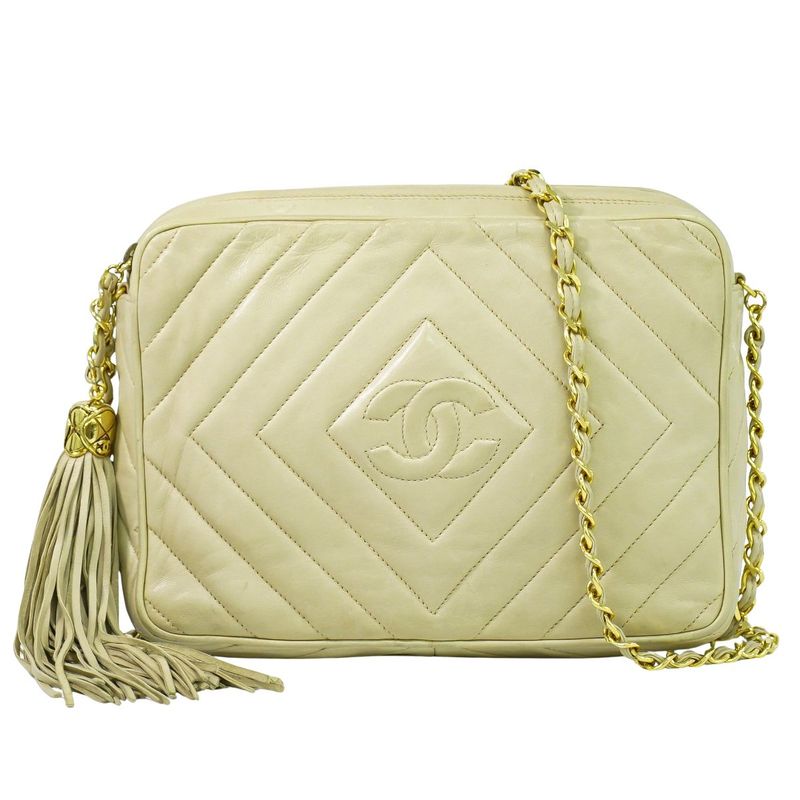 Authentic Chanel Coco Mark Tassel Shoulder Bag Pochette Lambskin Leather Beige