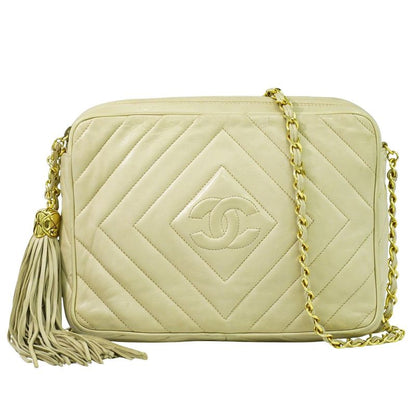 Authentic Chanel Coco Mark Tassel Shoulder Bag Pochette Lambskin Leather Beige