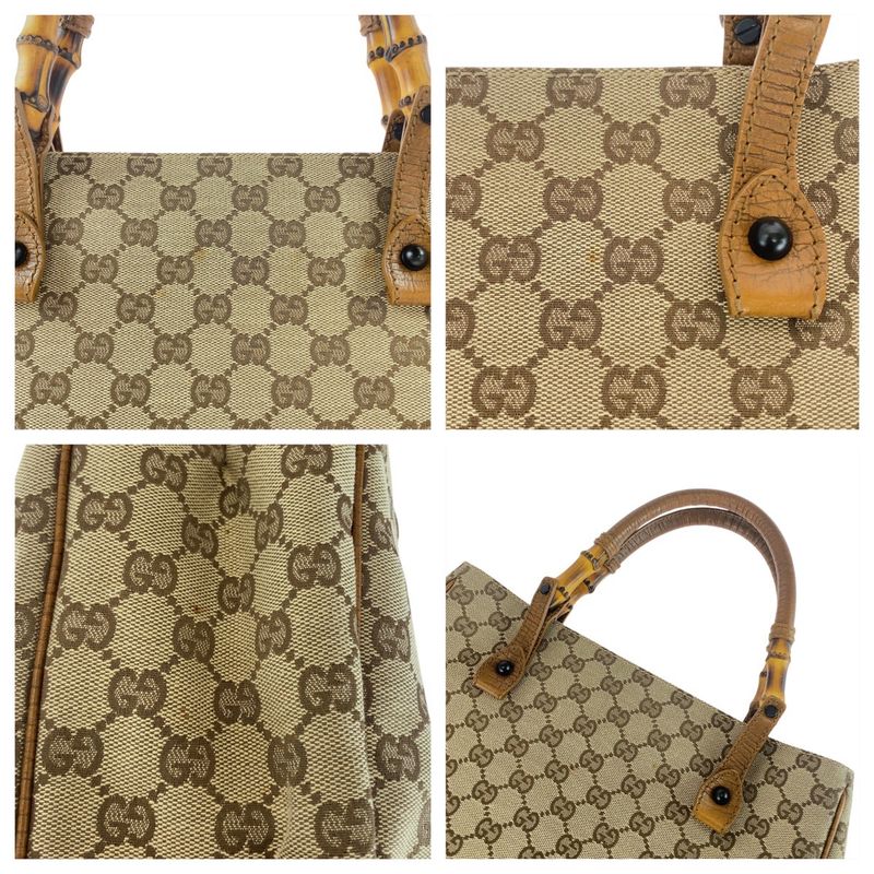 Gucci Bamboo Beige Brown Black Hardware GG Canvas 112530 Tote Bag Shoulder Bag