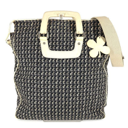 Chanel Shoulder Bag Clover Logo Leather / Canvas Black