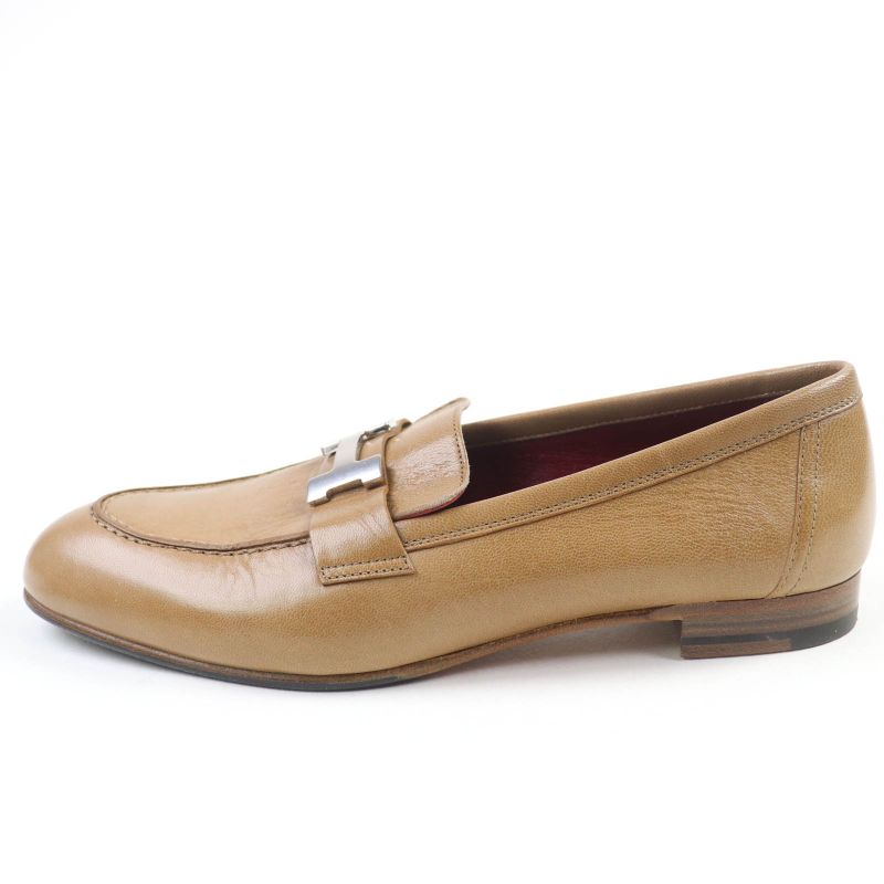Hermes Moccasins Paris Constance Silver Hardware Leather Loafers Beige 38.5