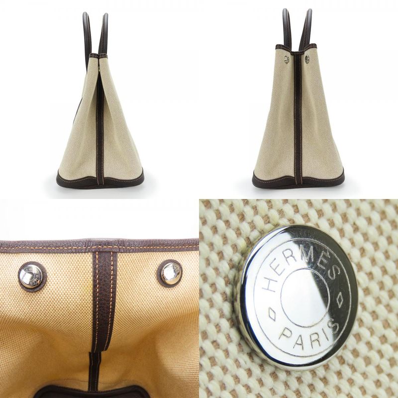 Hermes Handbag Garden Party PM Canvas Leather Beige Dark Brown Silver Hardware
