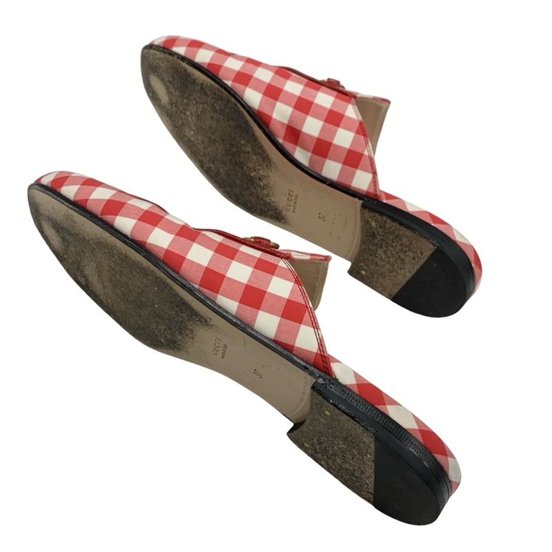 Gucci Prince Town Flat Shoes Fabric Red White Gold Mule Slipper Sandals Check