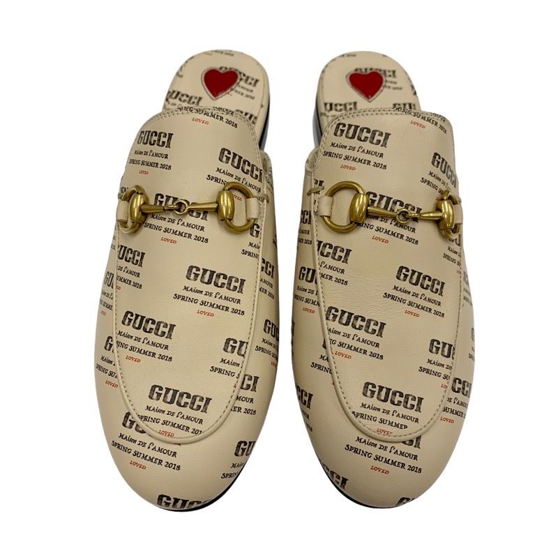 Gucci Prince Town Flat Shoes Leather Beige Red Gold Unused Mule Slipper Sandals