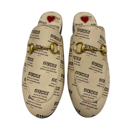 Gucci Prince Town Flat Shoes Leather Beige Red Gold Unused Mule Slipper Sandals
