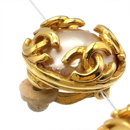 Chanel Earring 95A Gold Coco Mark Faux Pearl Vintage