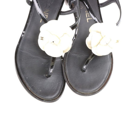 Chanel Coco Mark Camellia Patent Leather Sandals Women's 35C Black And Ivory