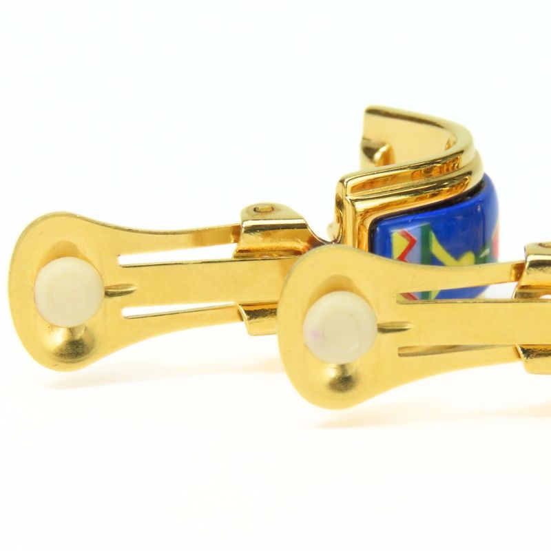 Hermes Earring Emile Feather Pattern Metal Cloisonne Blue Multicolor Plated