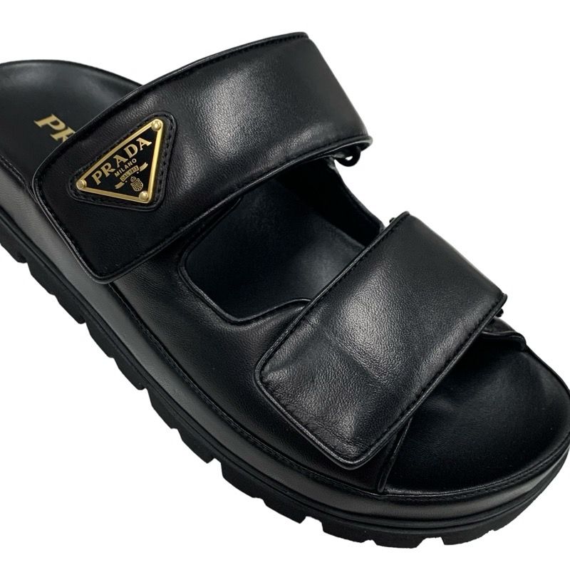 Prada Sandals Shoes Leather Black Unused Slide Sandals Triangle Logo