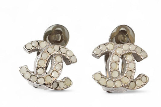 Chanel Earring Vintage Chanel Coco CC Colored Stone Silver White 06