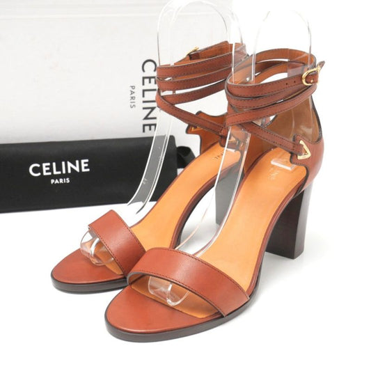 Celine Sandals Size 37.5 Ankle Strap Chunky Heel Lace Up Leather
