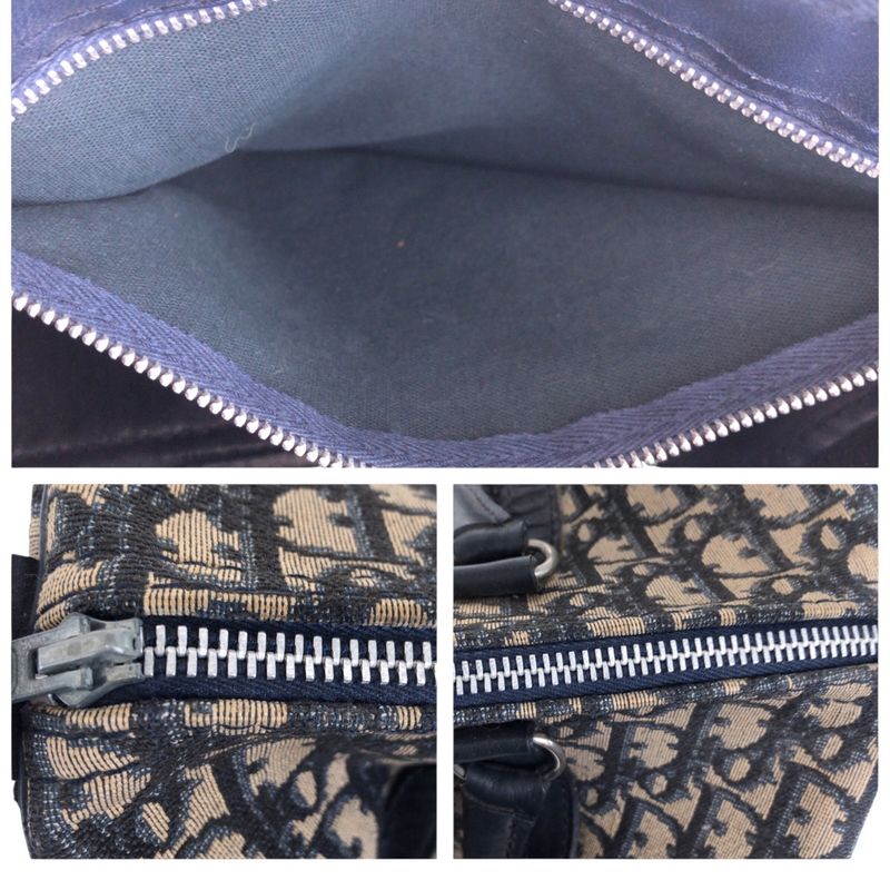 DIOR Vintage Trotter Navy Beige Silver Hardware Canvas/leather Handbag Boston