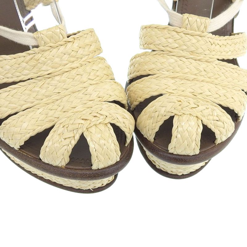 Unused Bottega Veneta Current Logo Straw Leather Wedge Sole Sandals 24cm