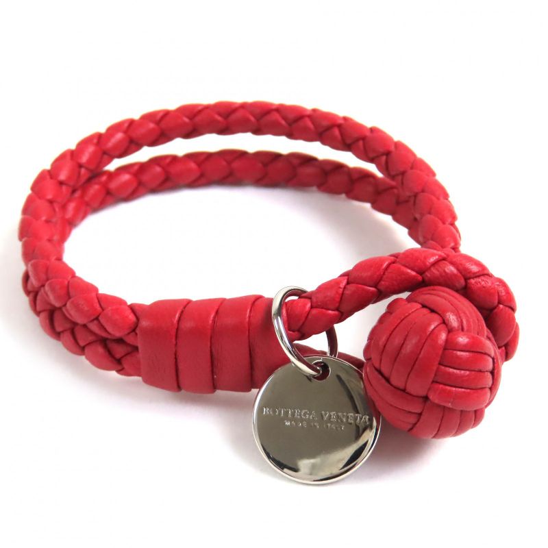 Bottega Veneta Intrecciato Leather Bracelet With Logo Charm Red Silver Hardware