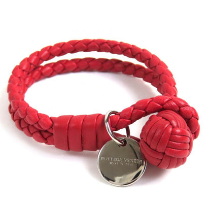 Bottega Veneta Intrecciato Leather Bracelet With Logo Charm Red Silver Hardware