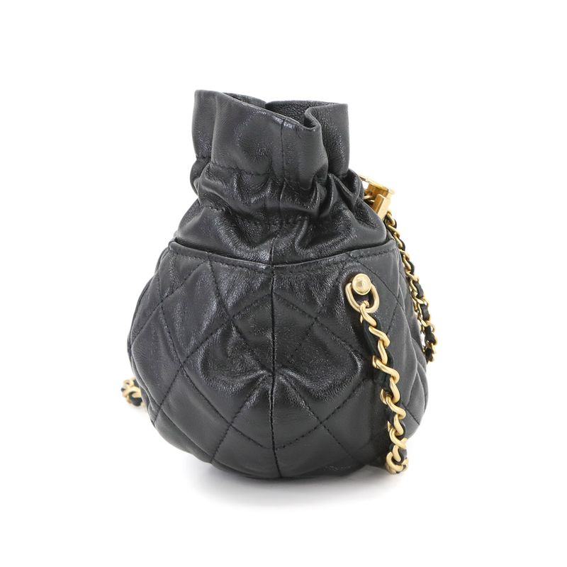 Chanel Matelasse Drawstring Chain Shoulder Bag Leather Black Matelasse Shoulder