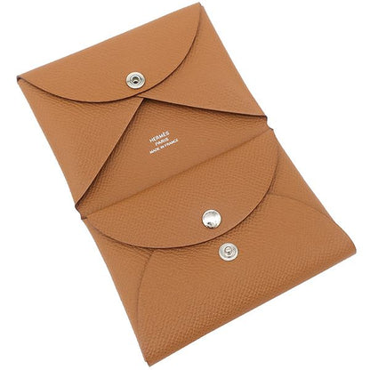 Hermes Card Case Calvi Duo Vaux Epson Gold Silver Hardware Never Used Brown W