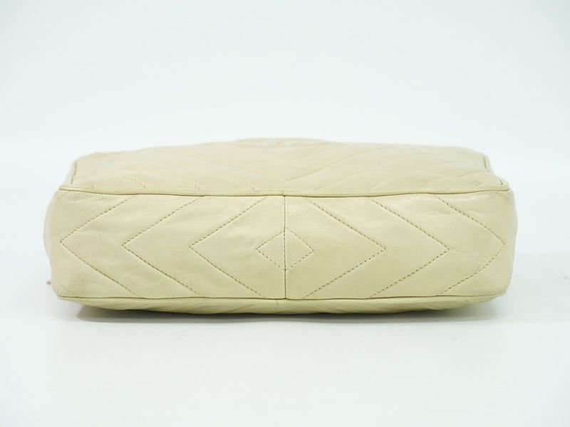 Authentic Chanel Coco Mark Tassel Shoulder Bag Pochette Lambskin Leather Beige