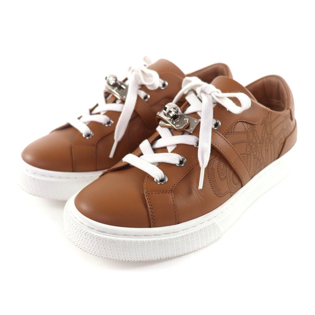 Hermes Day Silver Kelly with Buckle Perforated Lace Up Leather Sneakers Brown