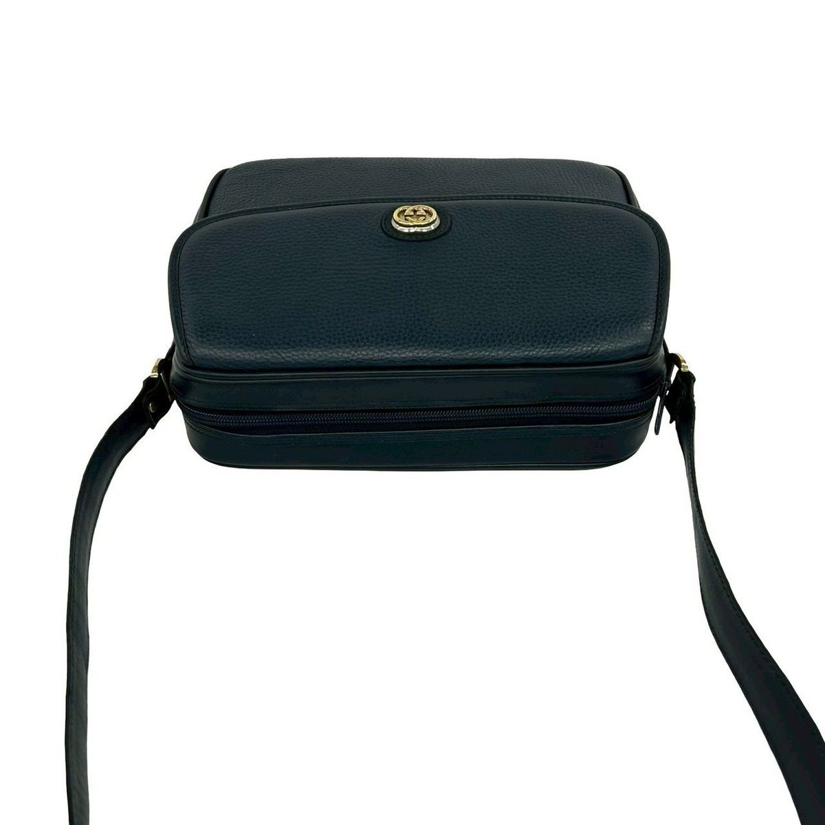 Gucci Vintage GG Logo Gold Leather Shoulder Bag Pochette Navy — view 4