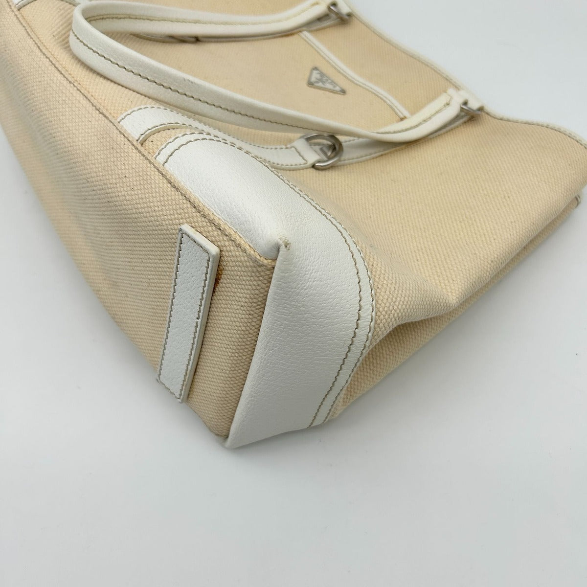 Prada Tote Shoulder Triangle Plate Logo Canvas Leather Beige — view 8