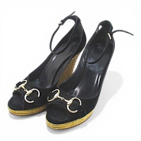 Gucci Sandals Wedge Sole Horsebit Ankle Strap 37.5 Black Suede
