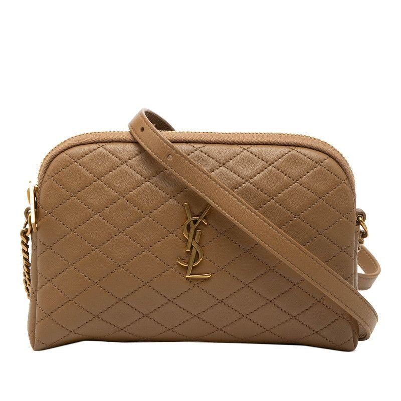 Saint Laurent Cassandra Gabi YSL Logo Quilted Chain Shoulder Bag Pouch Beige