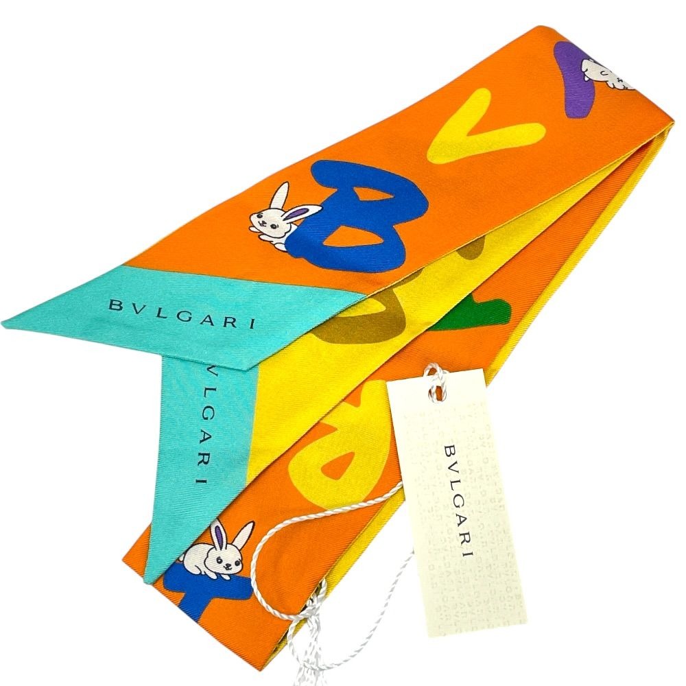 Bvlgari Lappi Scarf Twilly Ribbon Rabbit Logo Silk Yellow Orange Yelloworange