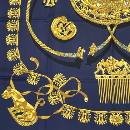 Hermes Carre 90 LES Cavaliers D'OR Golden Knight Scarf Silk Gold X Navy
