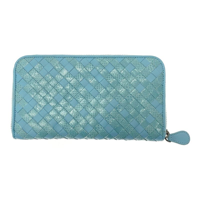 Bottega Veneta Leather Intrecciato Round Zip Wallet Blue 371637 Long Wallet