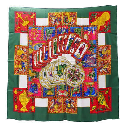 Hermes Scarf Carre 90 le Tarot Card Silk Green Multicolor Large
