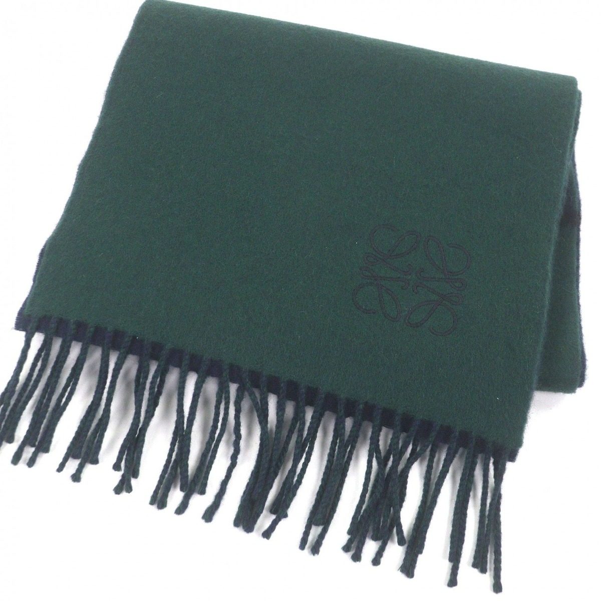 Loewe Wool Cashmere Anagram Logo Embroidery Fringe Scarf Shawl Navy Green