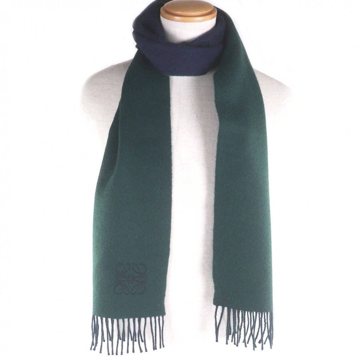 Loewe Wool Cashmere Anagram Logo Embroidery Fringe Scarf Shawl Navy Green — view 2