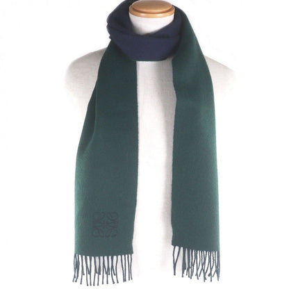 Loewe Wool Cashmere Anagram Logo Embroidery Fringe Scarf Shawl Navy Green — view 2