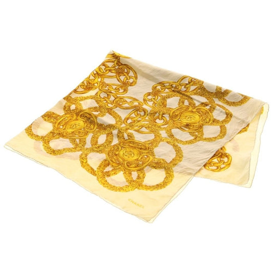 Chanel Coco Mark Chain Motif Scarf Gold Silk