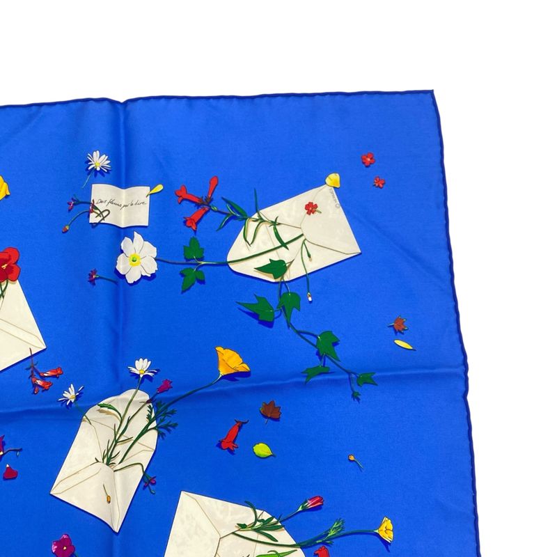 Hermes Scarf Silk Floral Letter Blue With Box
