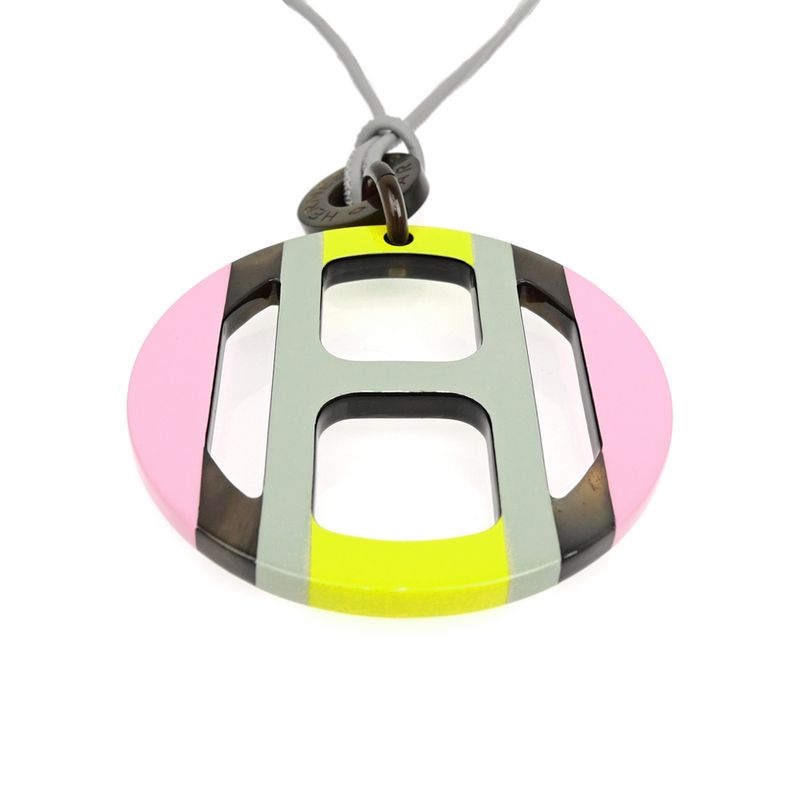 Hermes Necklace H Equipe Buffalo Horn Pink Gray Yellow Pendant